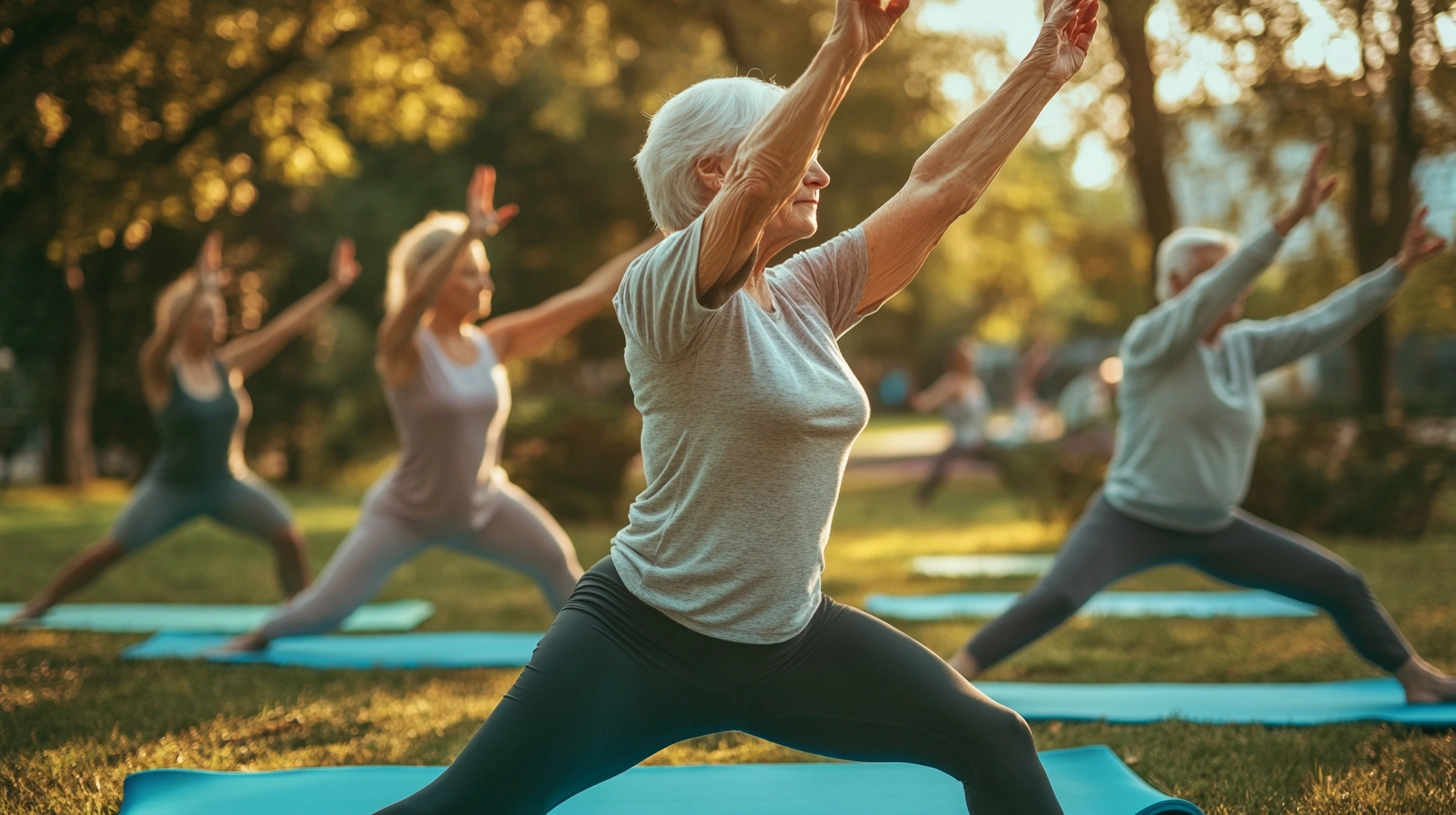 Група пенсіонерів займається йогою на свіжому повітрі