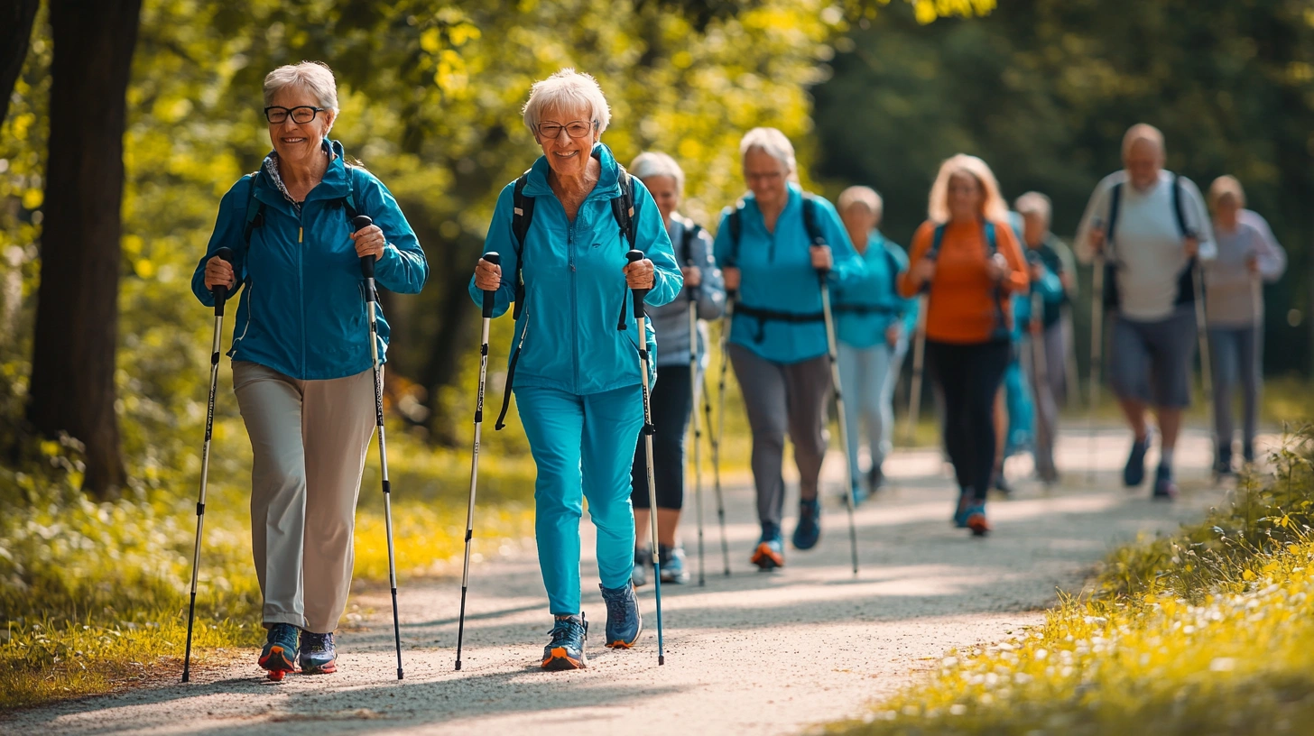 Група пенсіонерів займається скандинавською ходьбою в парку