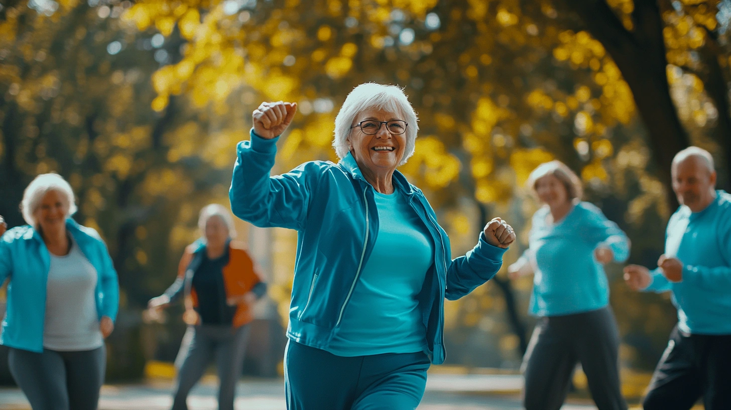 Щаслива група активних пенсіонерів займається спортом на свіжому повітрі