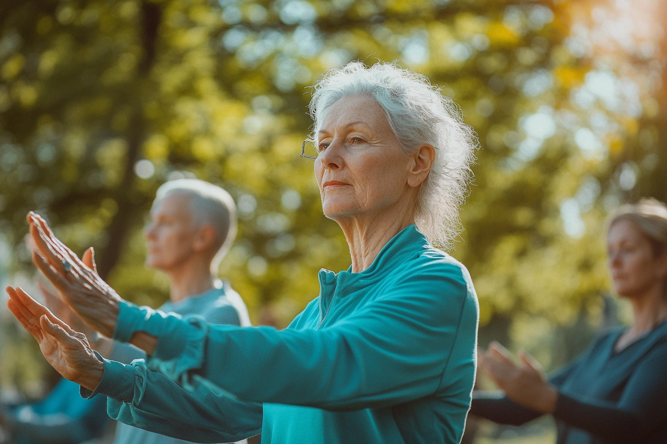 Група пенсіонерів займається легкою гімнастикою у парку